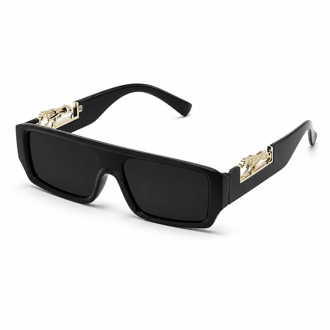 Black rectangular sunglasses product shot on white background showing gold leopard logo on both temples