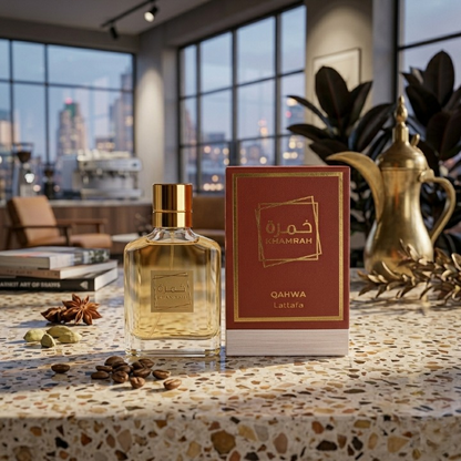 Khamrah Qahwa Lattafa perfume in modern luxury interior setting
