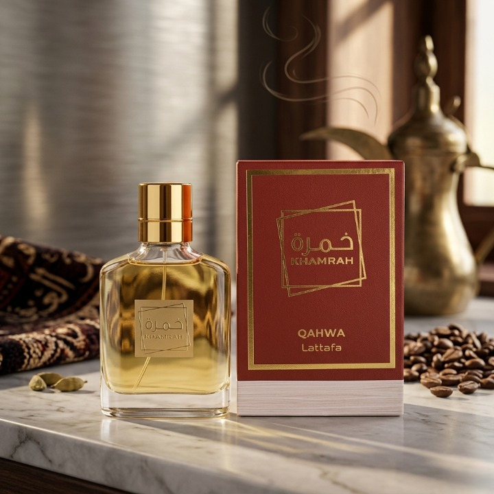 Khamrah Qahwa Lattafa perfume on rustic wooden table with spices