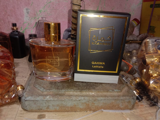 Khamrah Qahwa Black Edition Lattafa perfume bottle with black and gold box