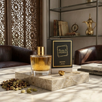 Khamrah Qahwa Black Edition Lattafa perfume in elegant Arabic interior with mashrabiya