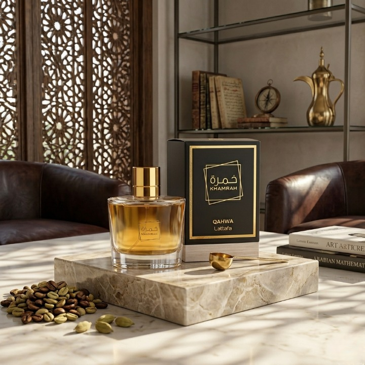 Khamrah Qahwa Black Edition Lattafa perfume in elegant Arabic interior with mashrabiya