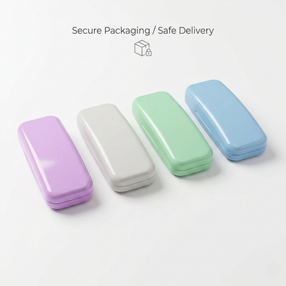 Four colored eyewear cases in purple, white, green and blue – secure packaging safe delivery