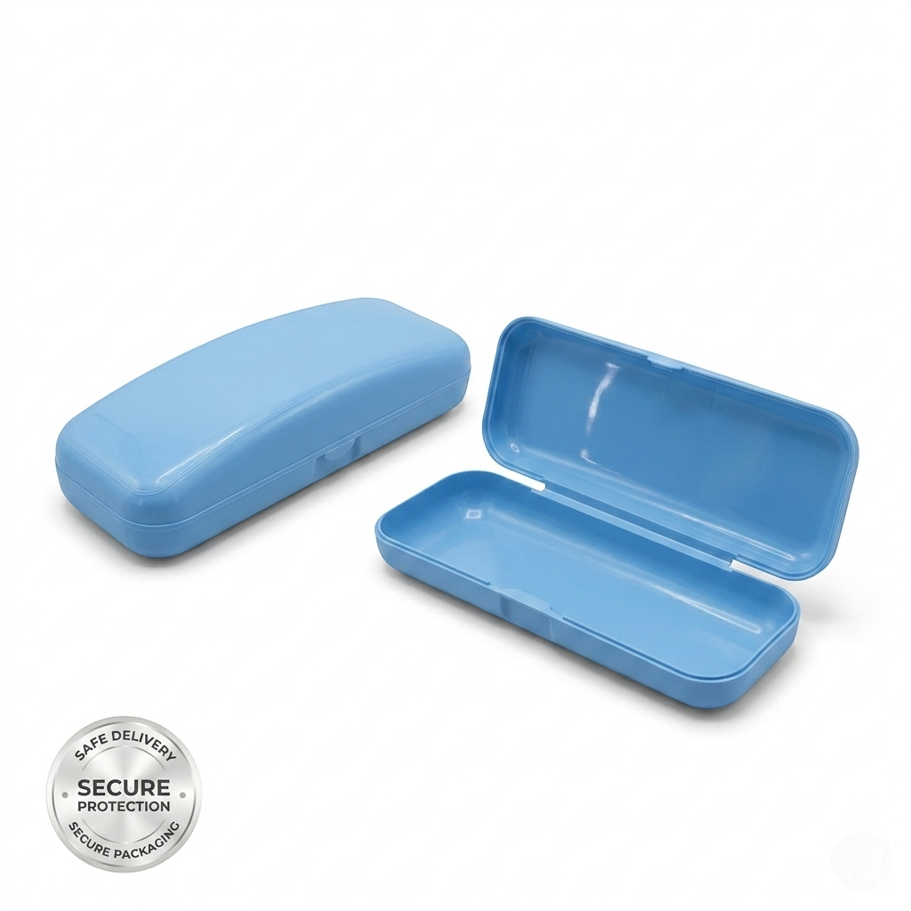 Blue protective eyewear case open and closed – secure packaging for sunglasses safe delivery