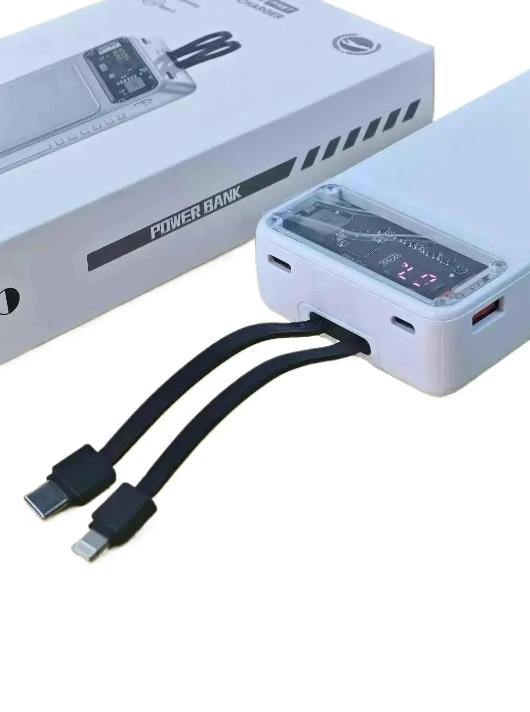 Premium 66W Power Bank – Transparent Circuit Board Display – USB-A & Type-C Ports with Cables