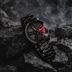 Men's spinning wheel watch on dark rocky surface – dramatic lifestyle shot showing full watch design