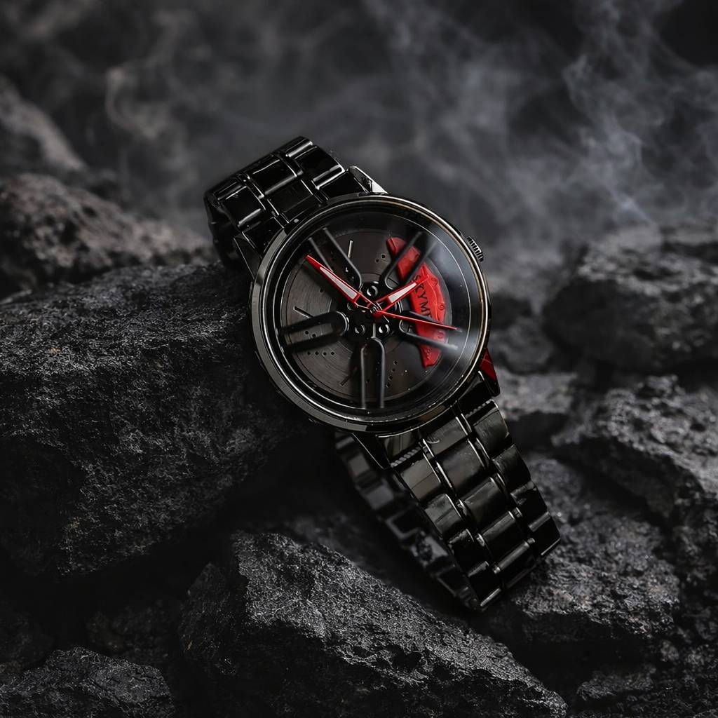 Men's spinning wheel watch on dark rocky surface – dramatic lifestyle shot showing full watch design