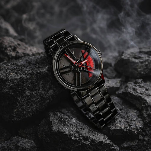 Men's spinning wheel watch on dark rocky surface – dramatic lifestyle shot showing full watch design