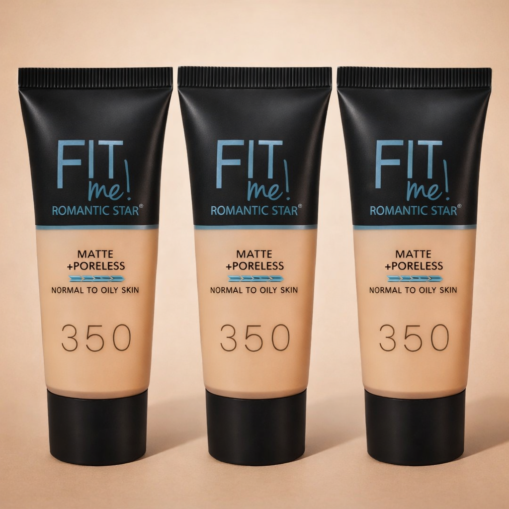 Fit Me Romantic Star Matte Poreless Foundation Shade 350 – three tubes on beige background lifestyle shot