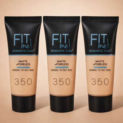 Fit Me Romantic Star Matte Poreless Foundation Shade 350 – three tubes on beige background lifestyle shot