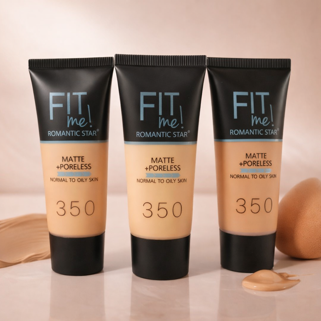 Fit Me Romantic Star Matte Poreless Foundation Shade 350 – three tubes with foundation swatch on glossy surface