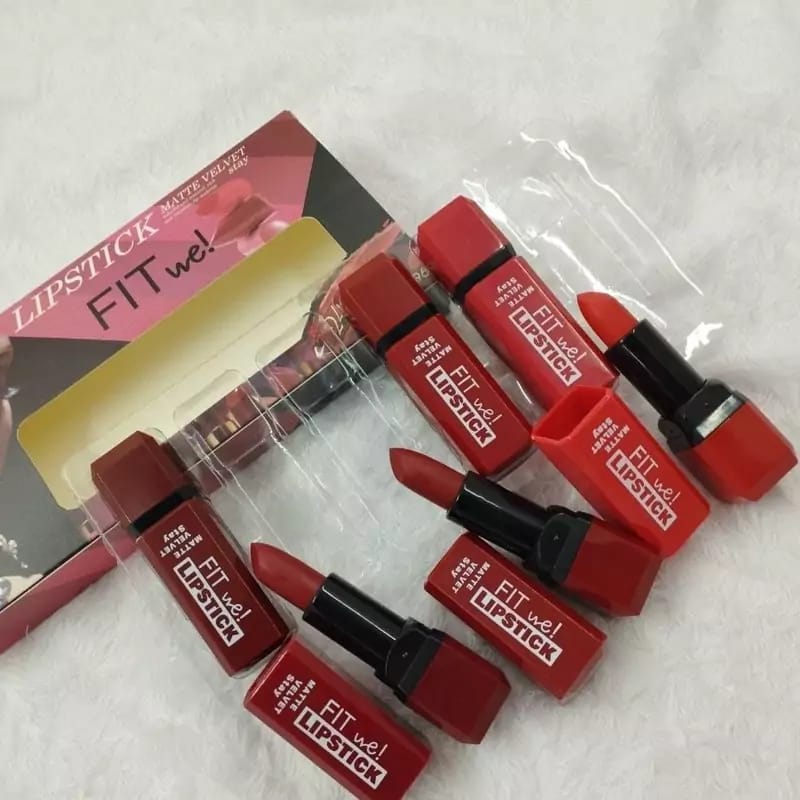 Fitme matte velvet lipstick set of 6 loose on white fur surface with packaging box – product flat lay