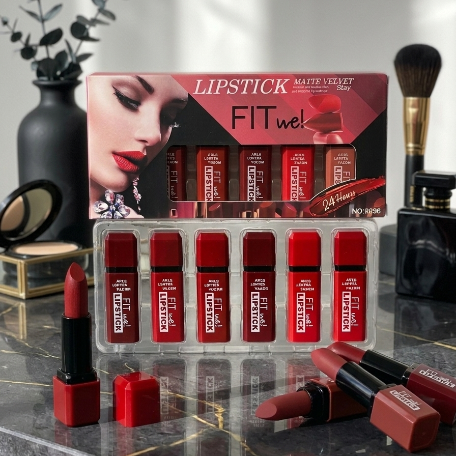 Fitme matte velvet lipstick set of 6 in display box on marble surface with makeup brush and perfume – lifestyle shot