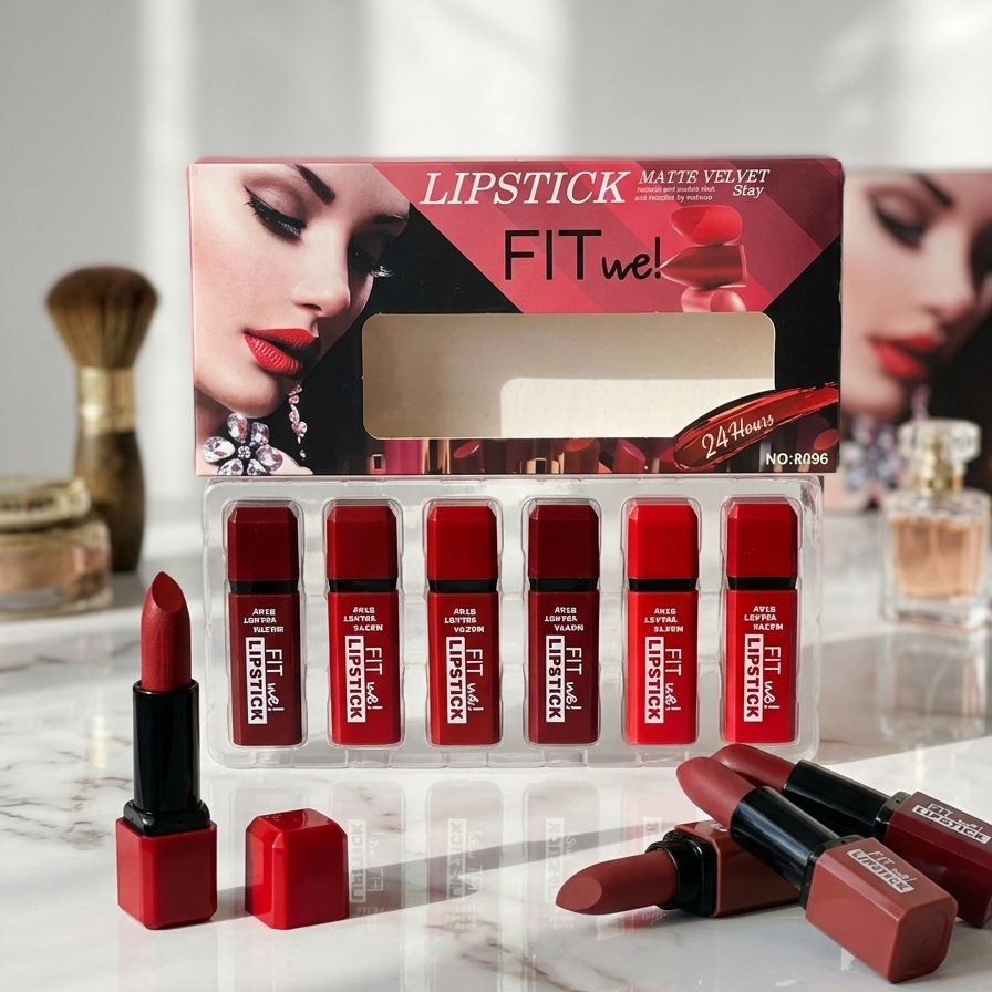 Fitme matte velvet lipstick set of 6 in display box on white marble with individual lipsticks open – front view