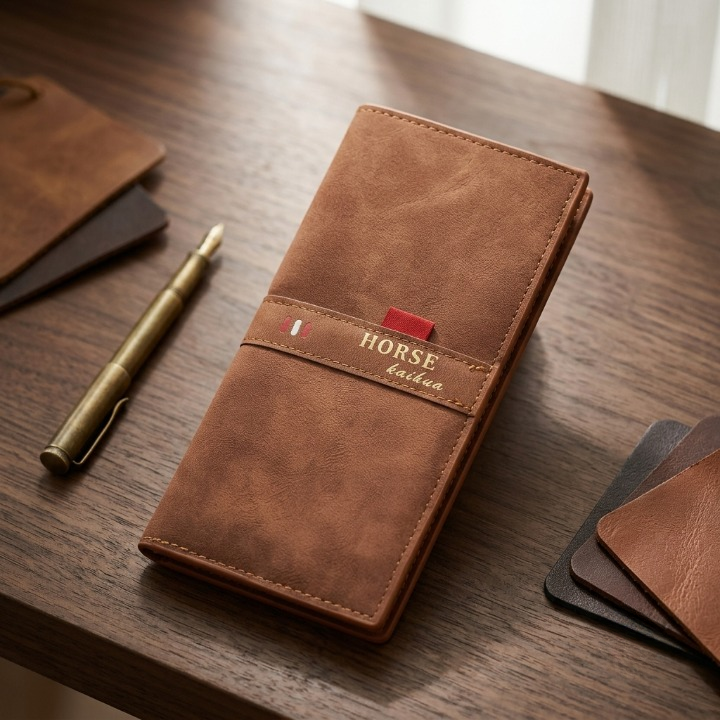 Horse Kaihua long leather wallet in Brown on wooden desk with brass pen – premium lifestyle product shot