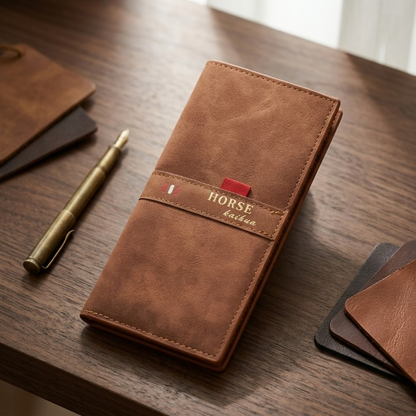 Horse Kaihua long leather wallet in Brown on wooden desk with brass pen – premium lifestyle product shot