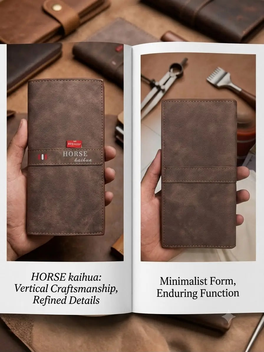 Horse Kaihua long leather wallet in Brown front and back view held in hands – vertical craftsmanship refined details catalogue shot