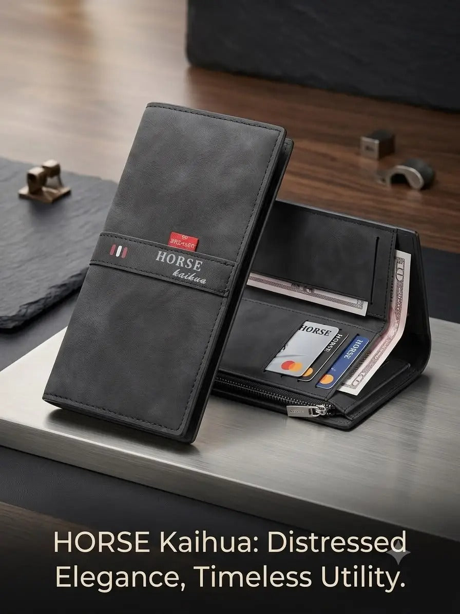 Horse Kaihua long leather wallet in Black open showing multiple card slots zipper coin pocket and cash compartment – interior detail shot