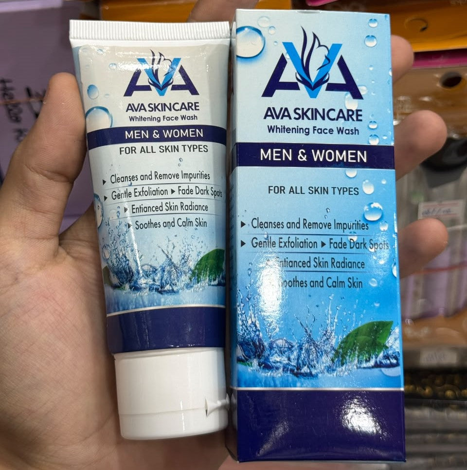 AVA Skincare Whitening Face Wash tube and box held in hand – showing product front label clearly