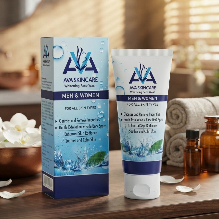 AVA Skincare Whitening Face Wash tube and box on marble surface with white flowers – premium lifestyle shot