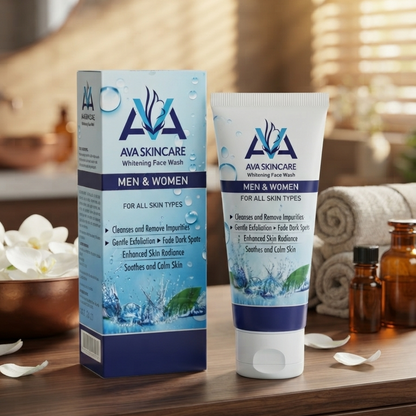 AVA Skincare Whitening Face Wash tube and box on marble surface with white flowers – premium lifestyle shot
