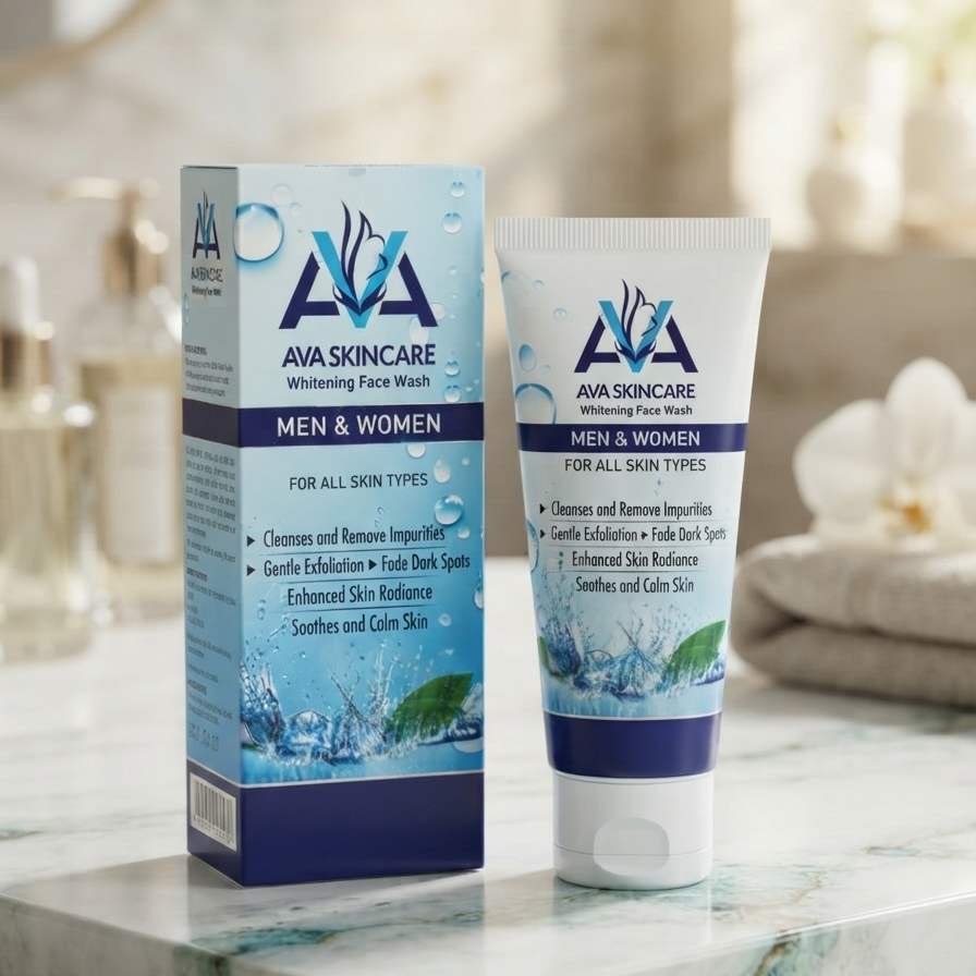 AVA Skincare Whitening Face Wash tube and box on wooden bathroom counter with towels and essential oils