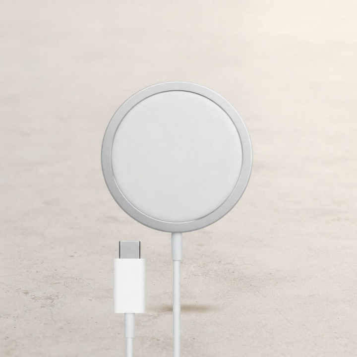 Magnetic Wireless Charger Disc – Front View with USB-C Cable on Wooden Surface