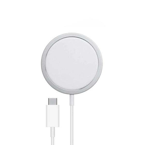 Magnetic Wireless Charger MagSafe Compatible – Slim Round Disc with USB-C Cable – White Background