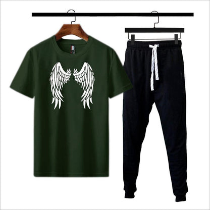 White angel wings print t-shirt with black jogger tracksuit on hangers