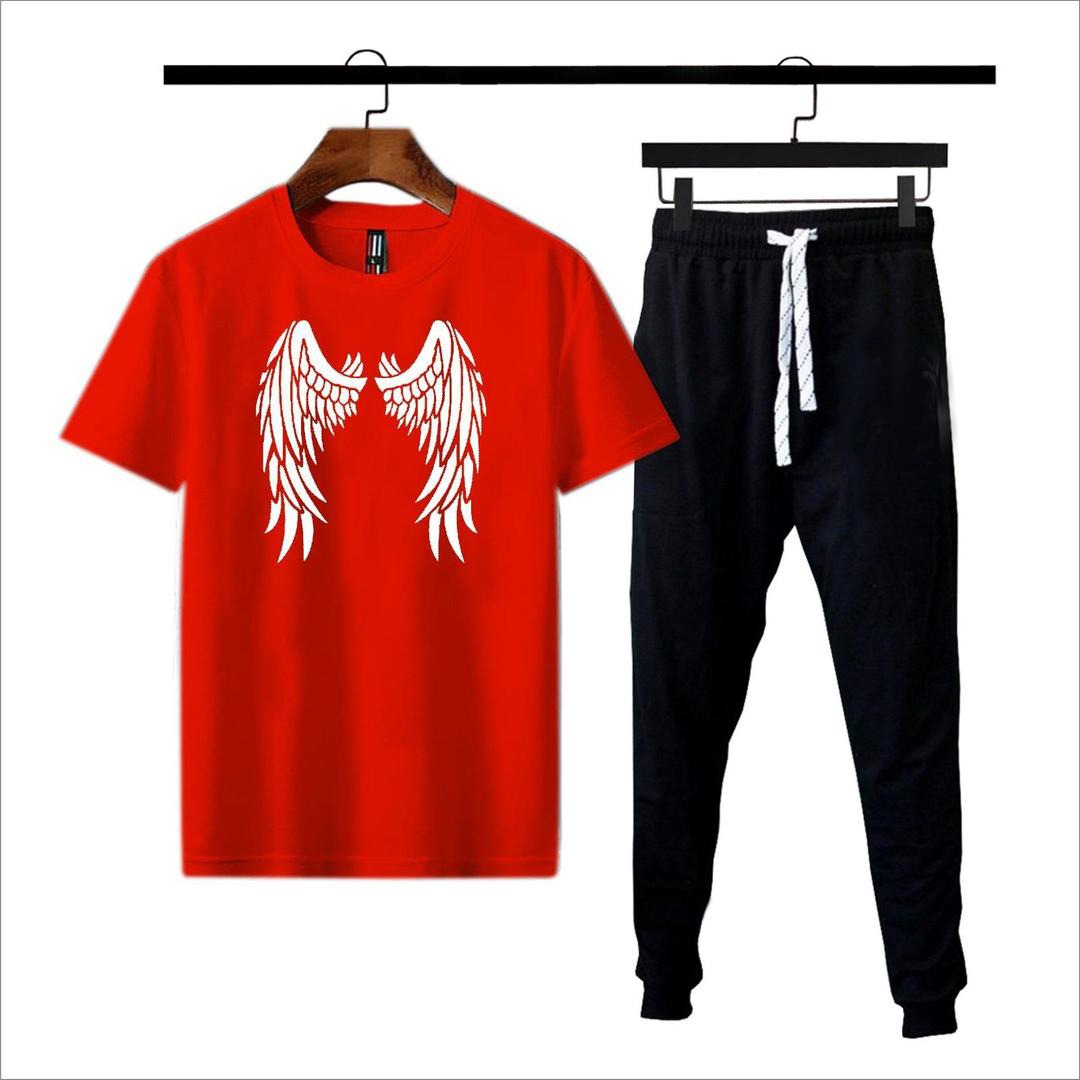Yellow angel wings print t-shirt with black jogger tracksuit on hangers