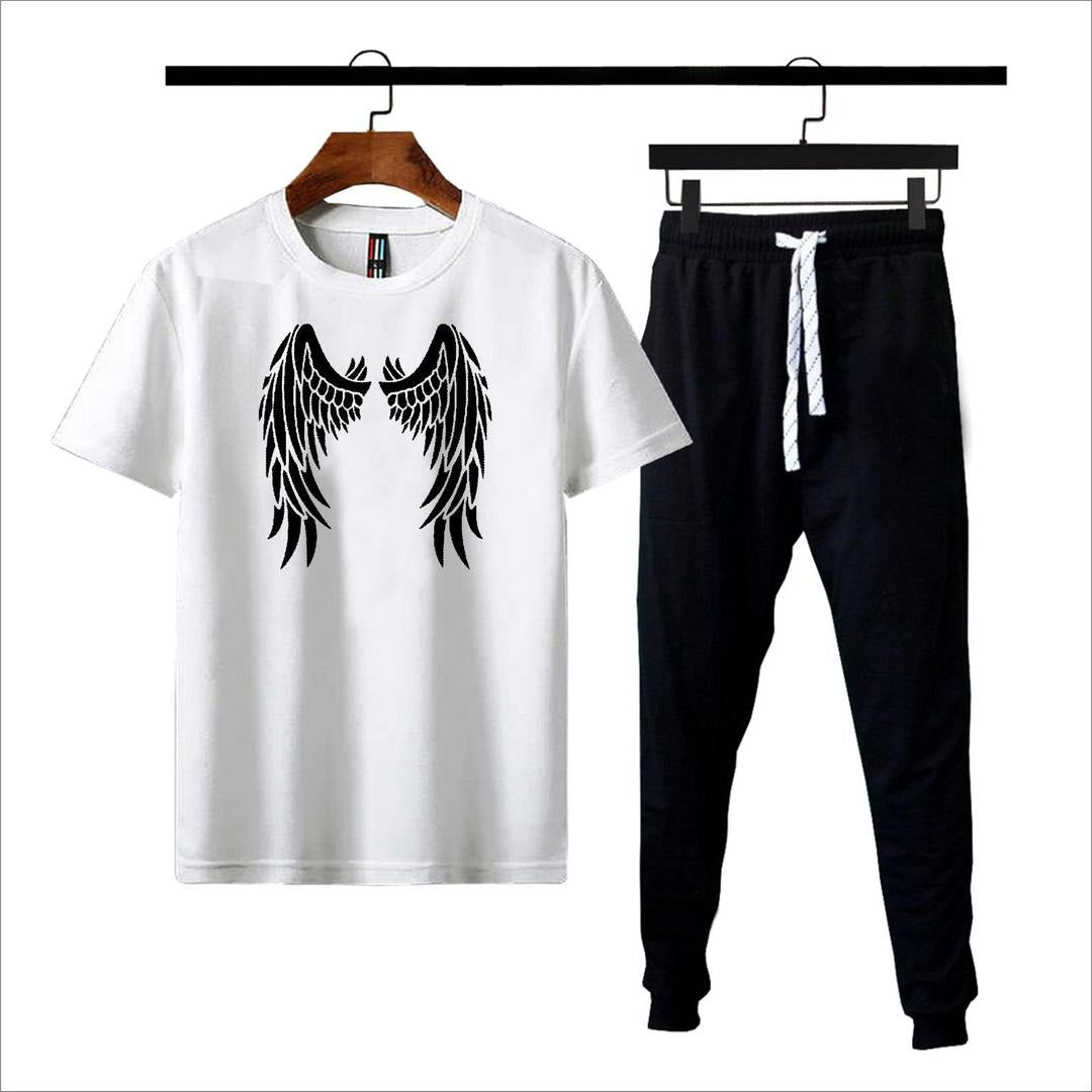 Black angel wings print t-shirt with black jogger tracksuit on hangers