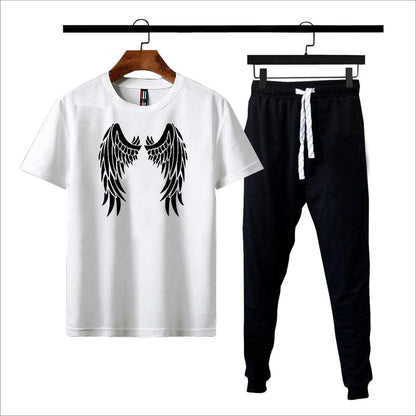 Black angel wings print t-shirt with black jogger tracksuit on hangers