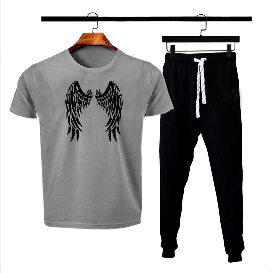 Red angel wings print t-shirt with black jogger tracksuit on hangers