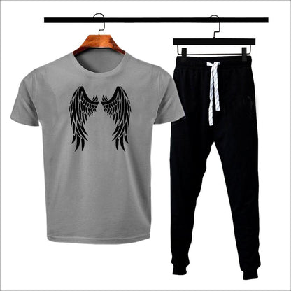 Red angel wings print t-shirt with black jogger tracksuit on hangers