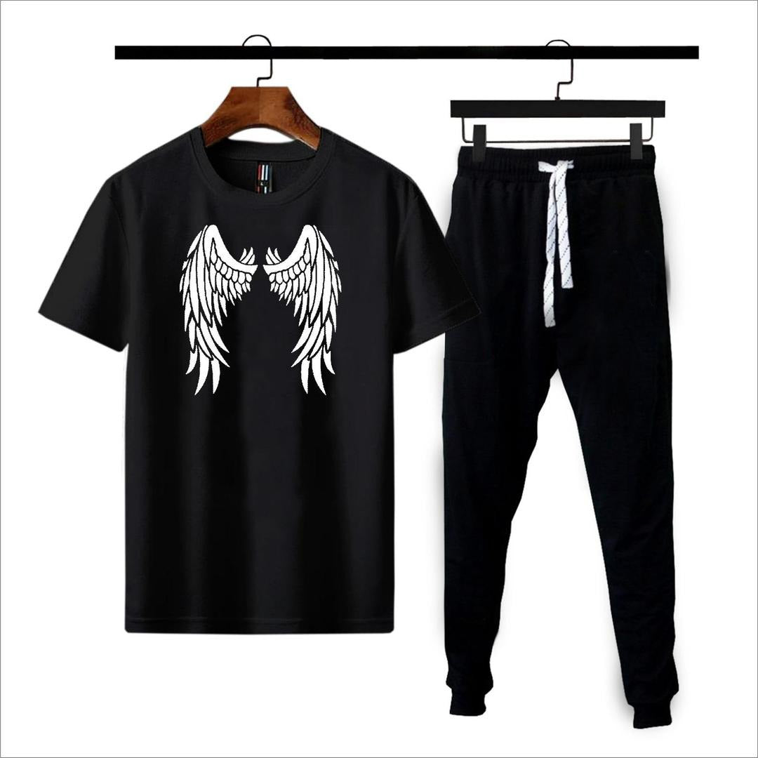 Black t-shirt with white angel wings print and black jogger tracksuit on hangers