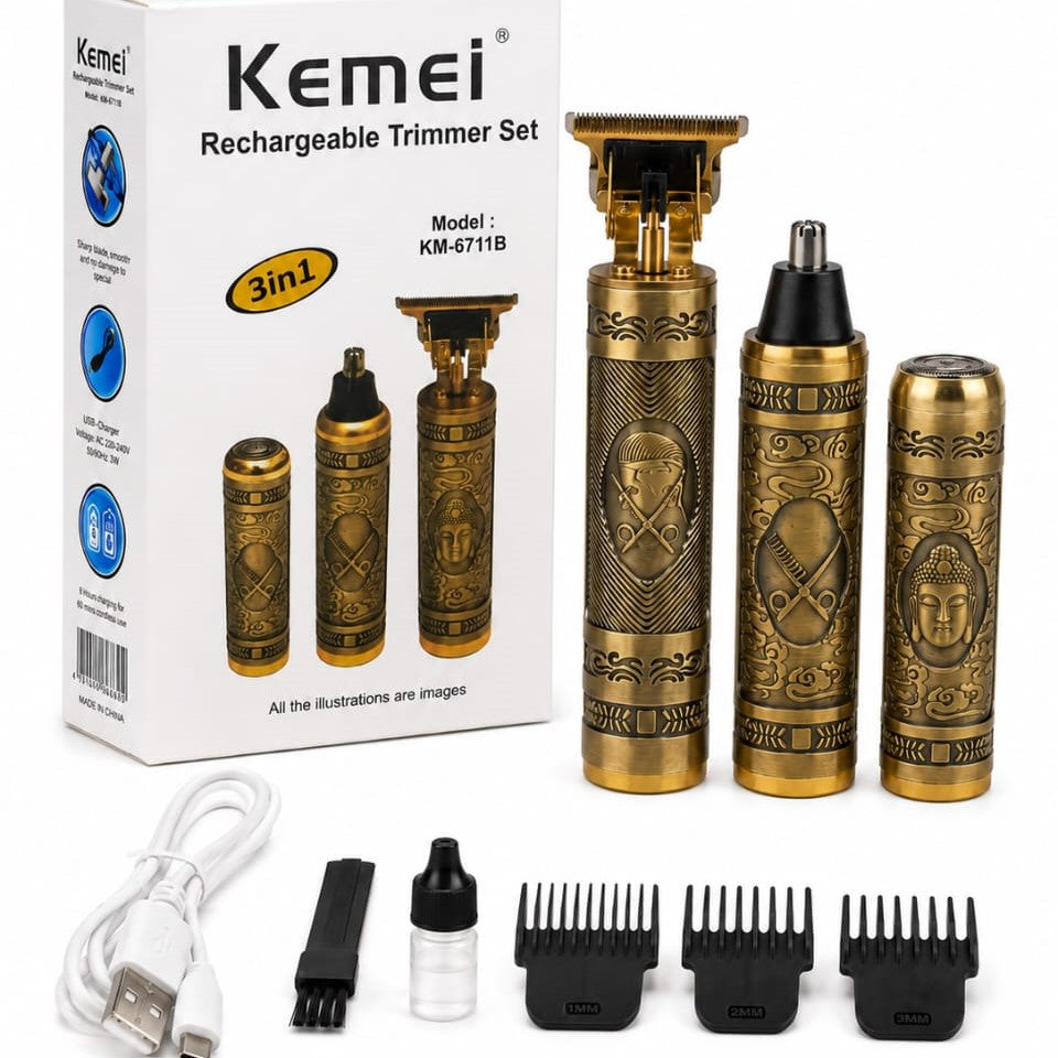 Kemei KM-6711B 3-in-1 Rechargeable Trimmer Set gold antique finish with box showing all 3 tools guide combs cleaning brush oil and USB cable on white background