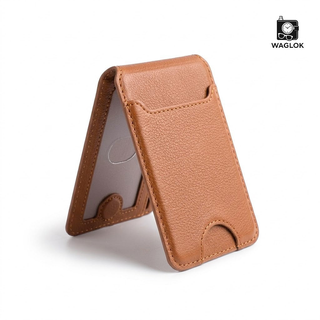 Mobile Magnetic Card Holder Wallet with Box – Slim 3 Card Slots, Transparent ID Slot, Lightweight Phone Wallet - Brown
