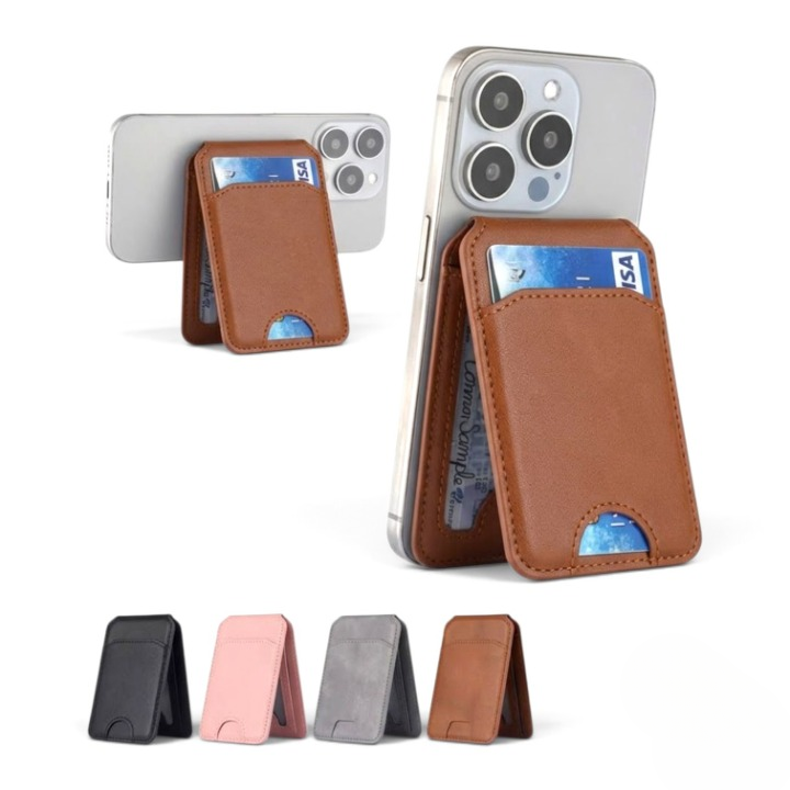 Mobile Magnetic Card Holder Wallet with Box – Slim 3 Card Slots, Transparent ID Slot, Lightweight Phone Wallet - Brown