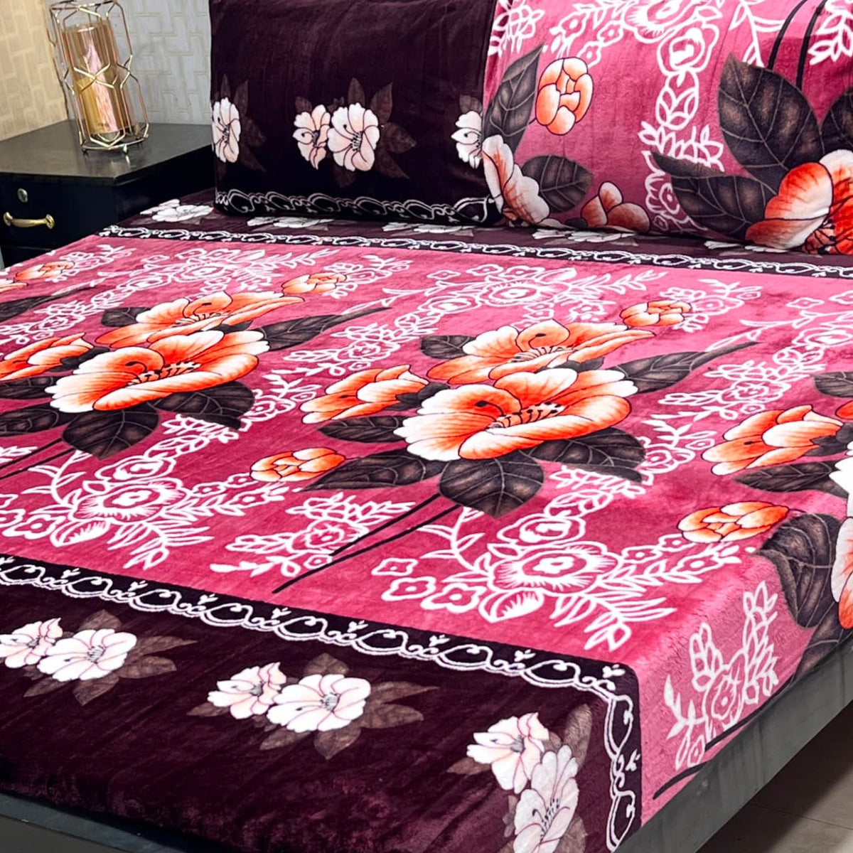 King Size Fleece Bed Sheet - Purple Damask Floral Black White Design with 2 Pillow Covers
