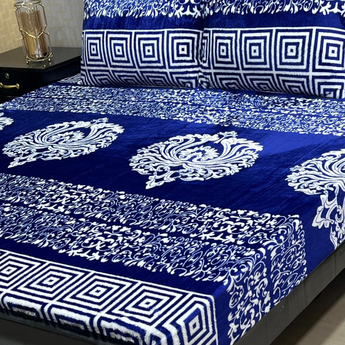 King Size Fleece Bed Sheet - Royal Damask Medallion Black White Multi Panel with 2 Pillow Covers