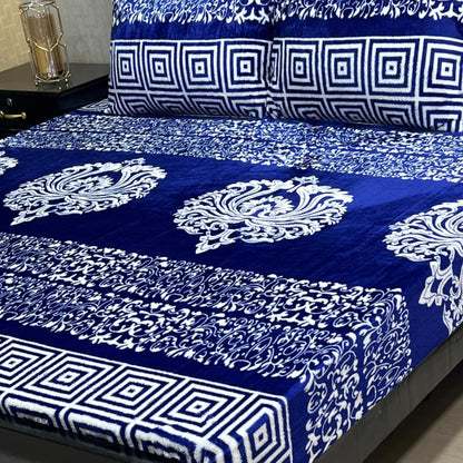 King Size Fleece Bed Sheet - Royal Damask Medallion Black White Multi Panel with 2 Pillow Covers
