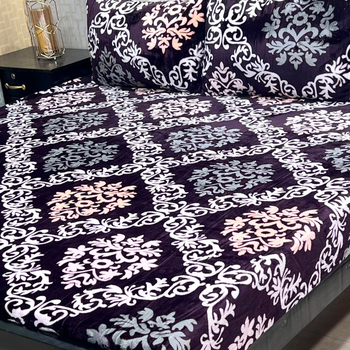 King Size Fleece Bed Sheet - Paisley Swirl Royal Blue White with 2 Pillow Covers