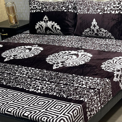King Size Fleece Bed Sheet - Moroccan Trellis Navy Blue White with 2 Pillow Covers