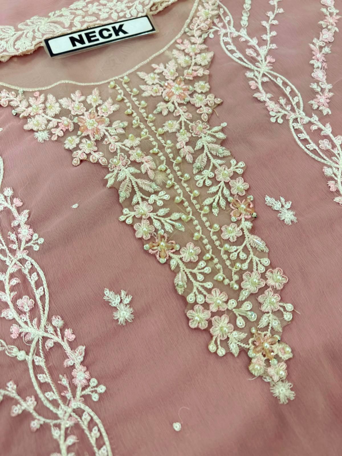 3pc Unstitched Organza Suit - Front Border Cut Work Detail