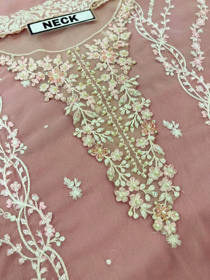 3pc Unstitched Organza Suit - Front Border Cut Work Detail