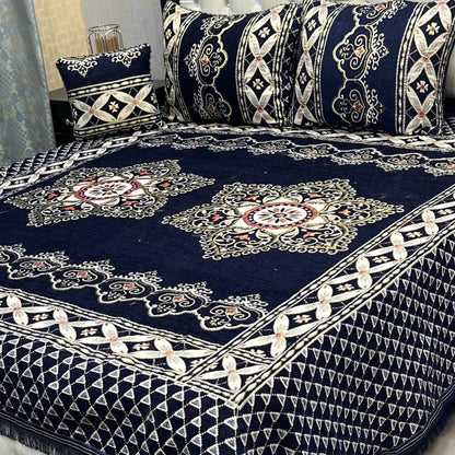 4Pc Velvet Jaquard Bedsheet - Navy Blue Floral