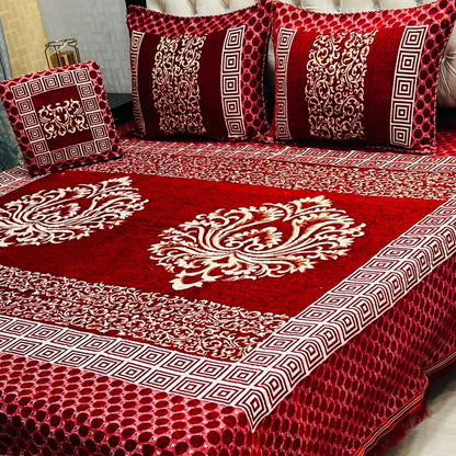 4Pc Velvet Jaquard Bedsheet - Red Medallion