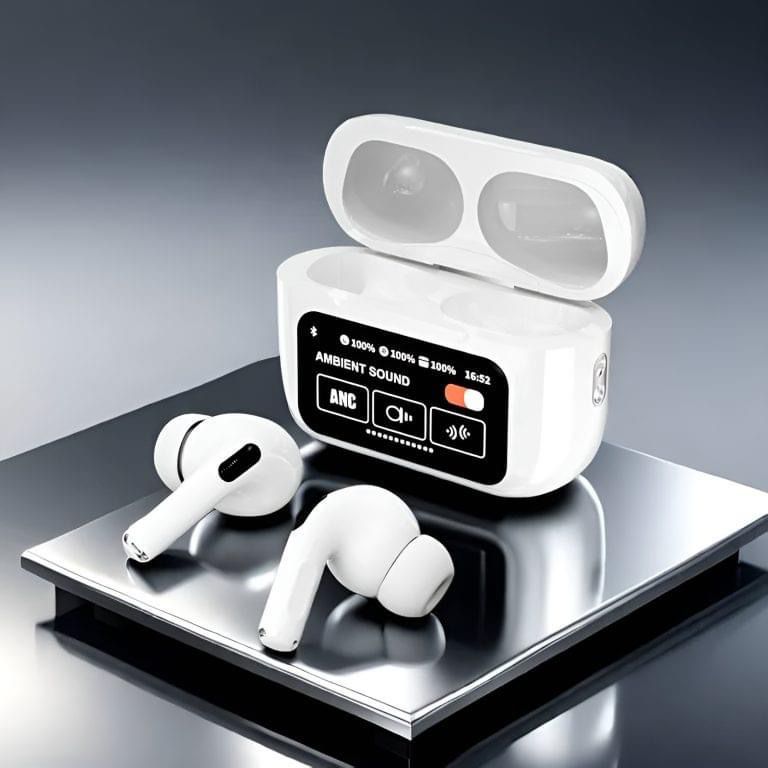 A9 Pro Smart Wireless Earbuds - White Case Open with Earbuds on Silver Surface