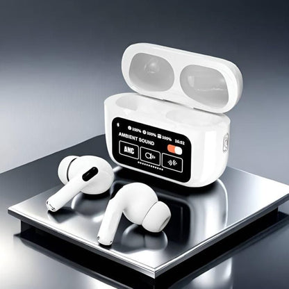 A9 Pro Smart Wireless Earbuds - White Case Open with Earbuds on Silver Surface