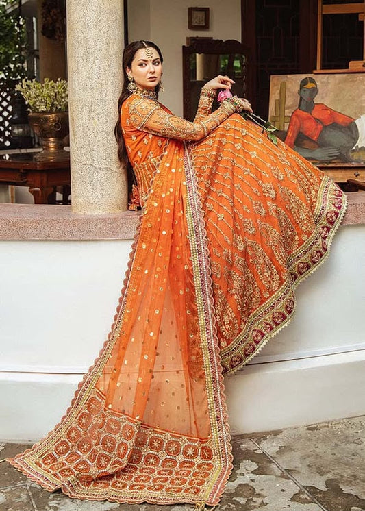 Heavy Embroidered Net Mexi Bridal Suit - Orange Side Dupatta Pose